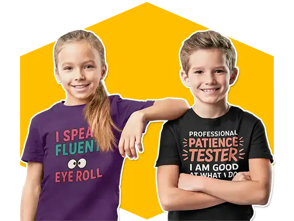 Bright kids wearing colorful T-shirts with playful slogans, showcasing fun and comfortable clothing.